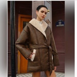 Trendy brown faux leather fleece coat NWT